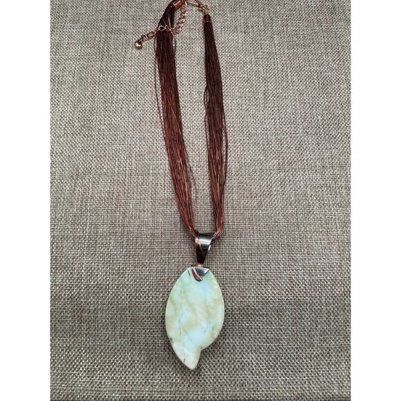 Artisan Green Stone Leaf Pendant Necklace on Copper Multi-Strand Chain - Picture 9 of 10
